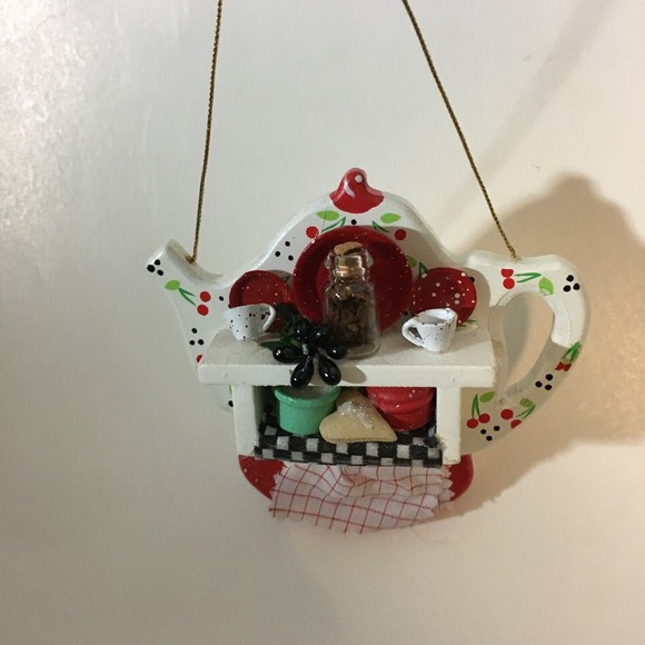 Rare One of A Kind Handmade TEAPOT CHRISTMAS ORNAMENT Wood 4" Collectible - Picture 7 of 9